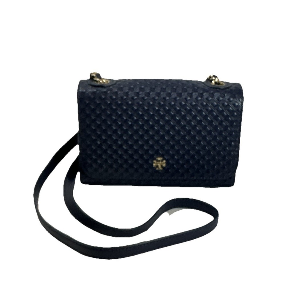 Tory Burch Marion Embossed Shrunken Shoulder Bag In Navy Mini Leather $295